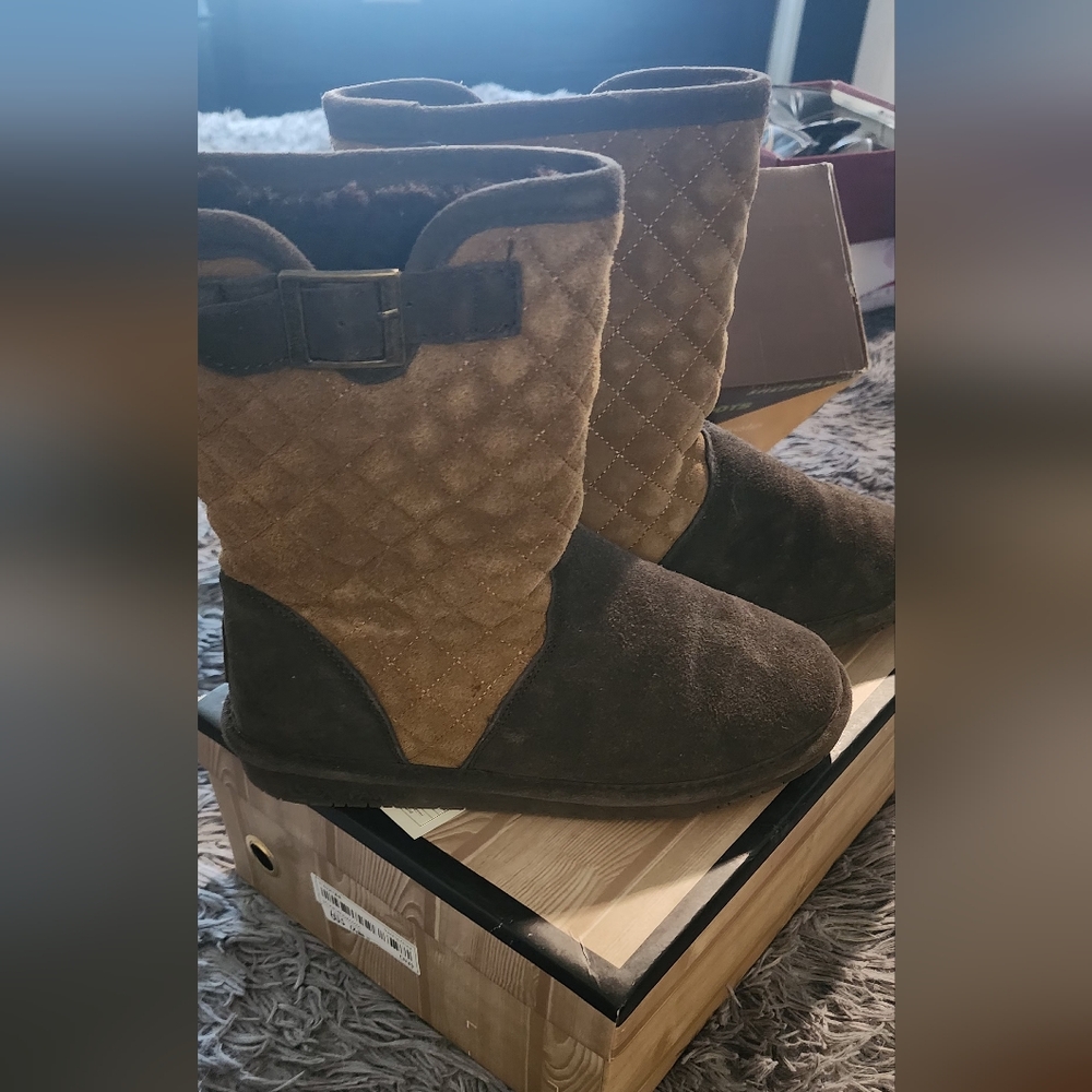 BearPaw Tan and Brown Quilted Winter Boots